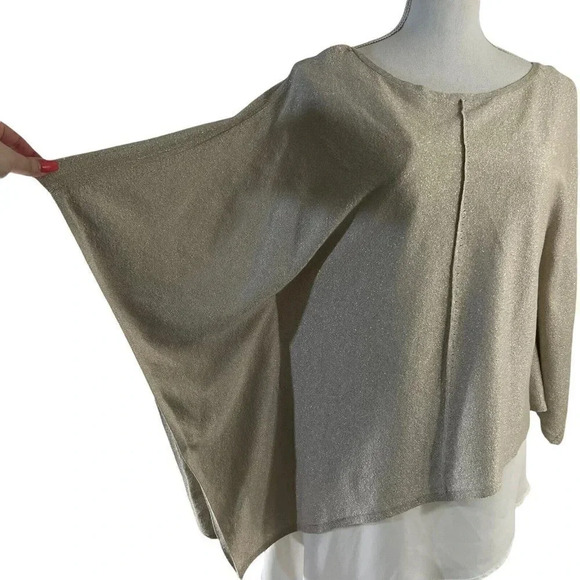 White House Black Market Blouse Metallic Gold Layered Asymmetrical Hem Batwing - Picture 5 of 8